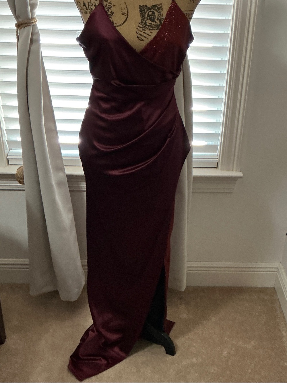 Satin Wrap Burgundy Evening Gown - Women Dresses